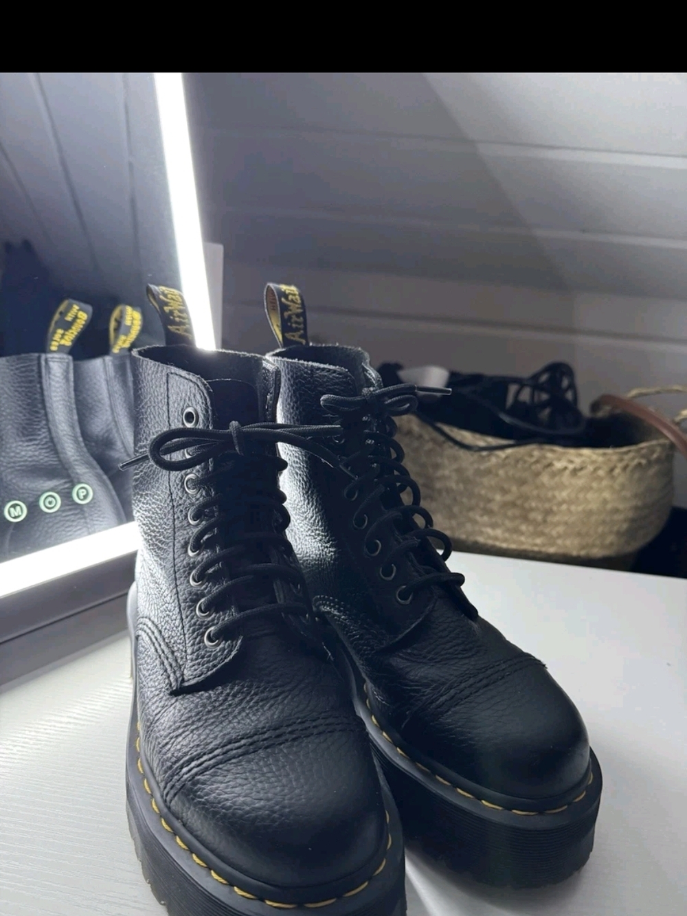 Dr. Martens Black Pebbled Leather Platform Lace-Up Boots